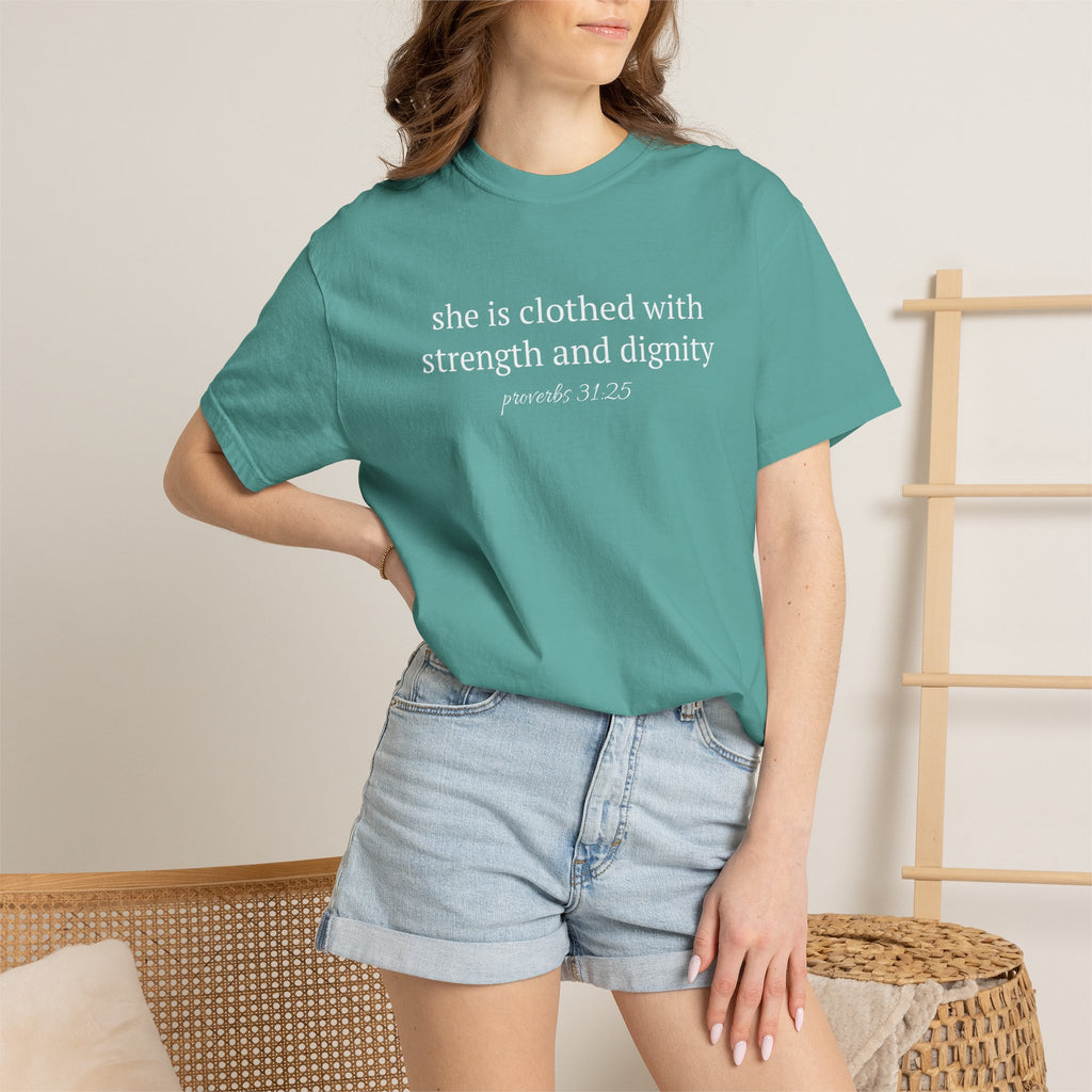 Biblical Verse T-Shirt — "She is clothed with strength and dignity" (Proverbs 31:25)