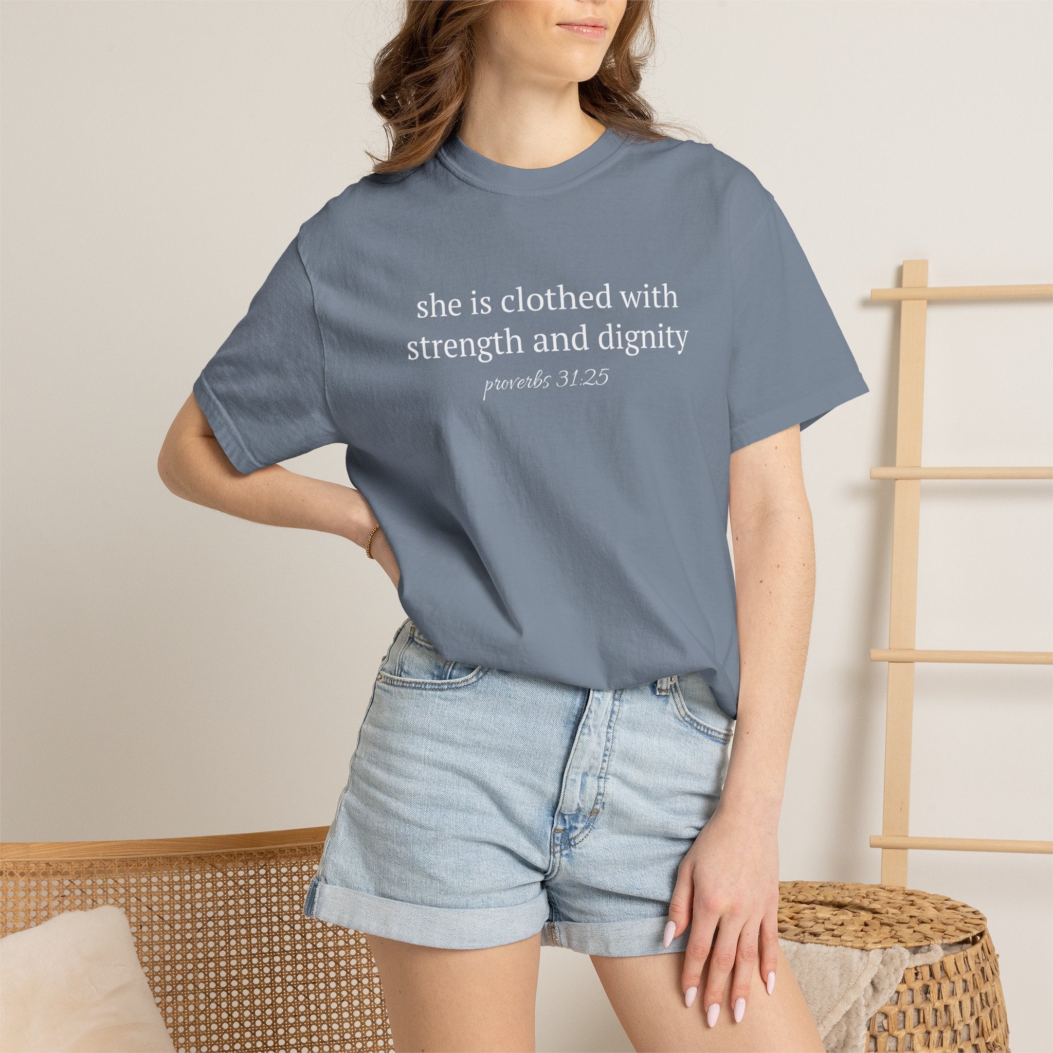 Biblical Verse T-Shirt — "She is clothed with strength and dignity" (Proverbs 31:25)
