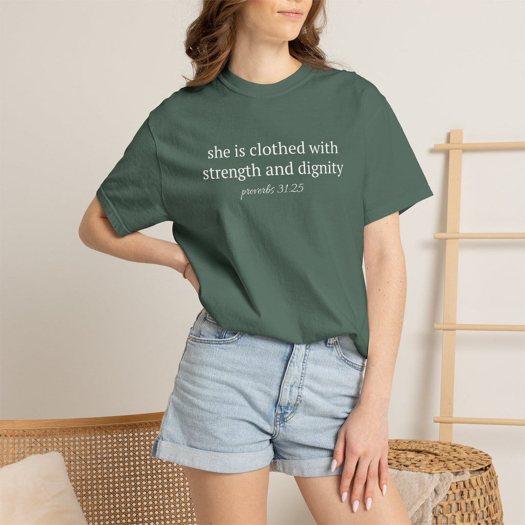 Biblical Verse T-Shirt — "She is clothed with strength and dignity" (Proverbs 31:25)