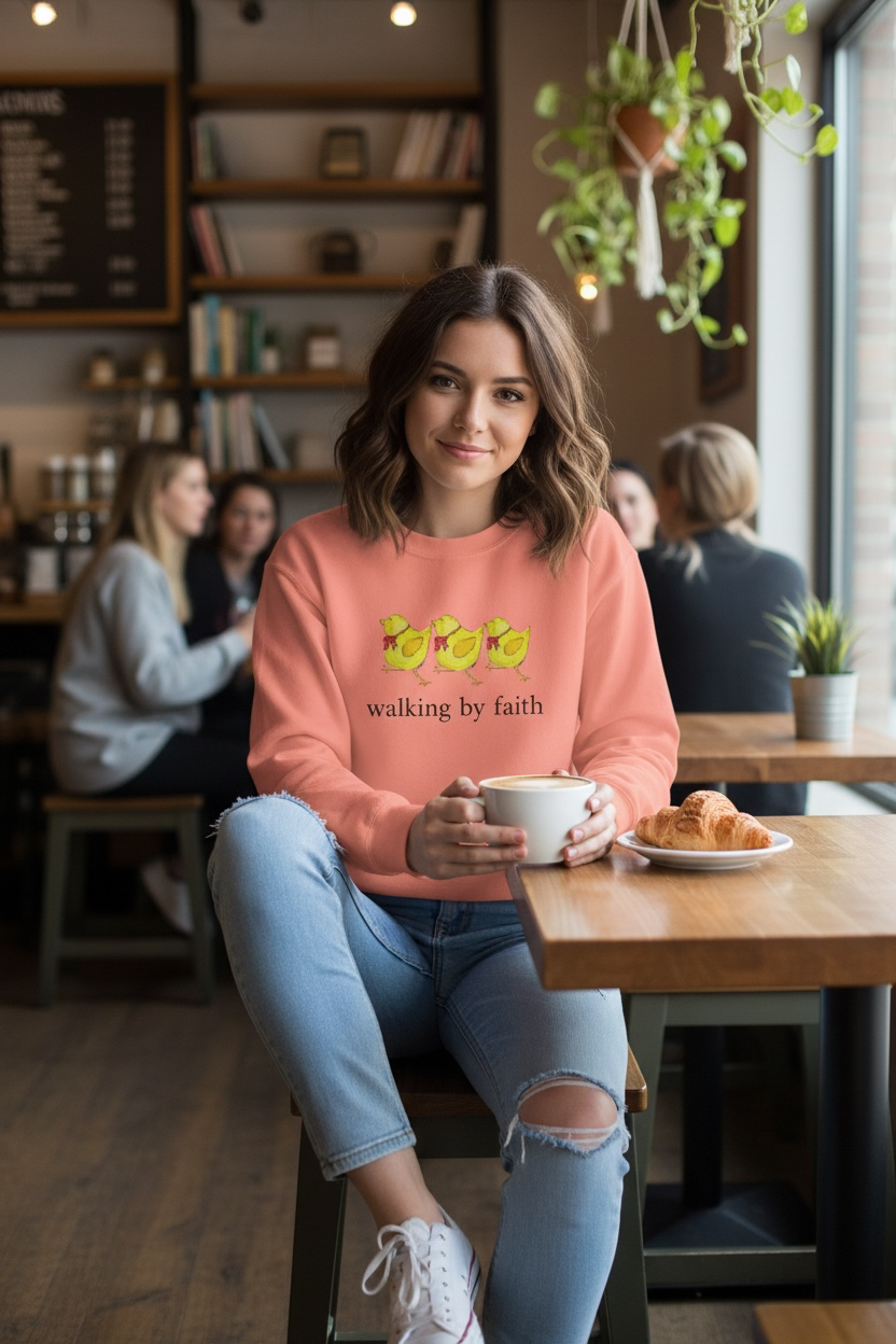 Walking by Faith T-Shirt - Funny Christian Chicken Sweatshirt- whimsical Faith apparel